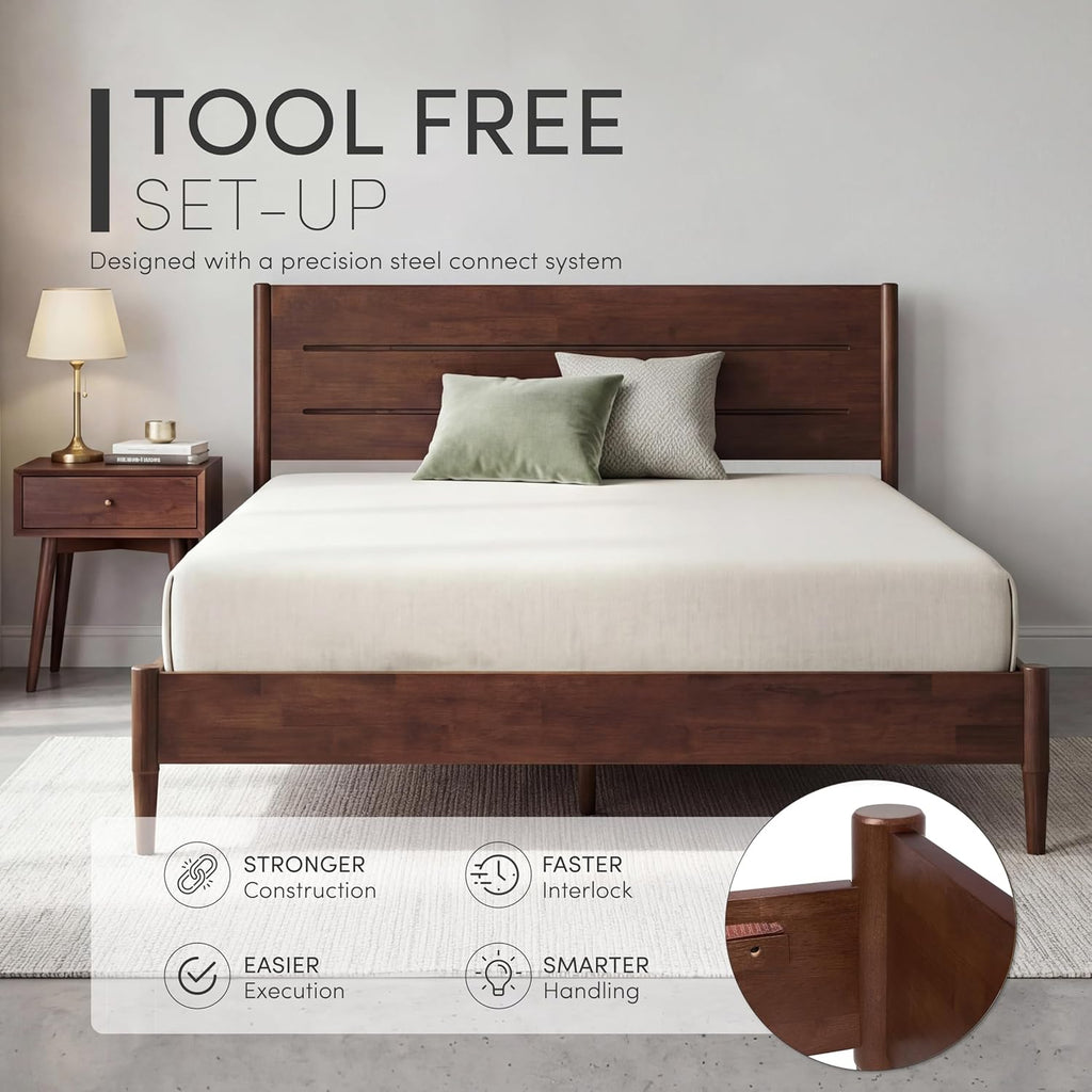 Bed Frame Queen, Premium Solid Wood Platform Bed with Reinforced Frame, Japanese Joinery Bed Frame, Wood Slat