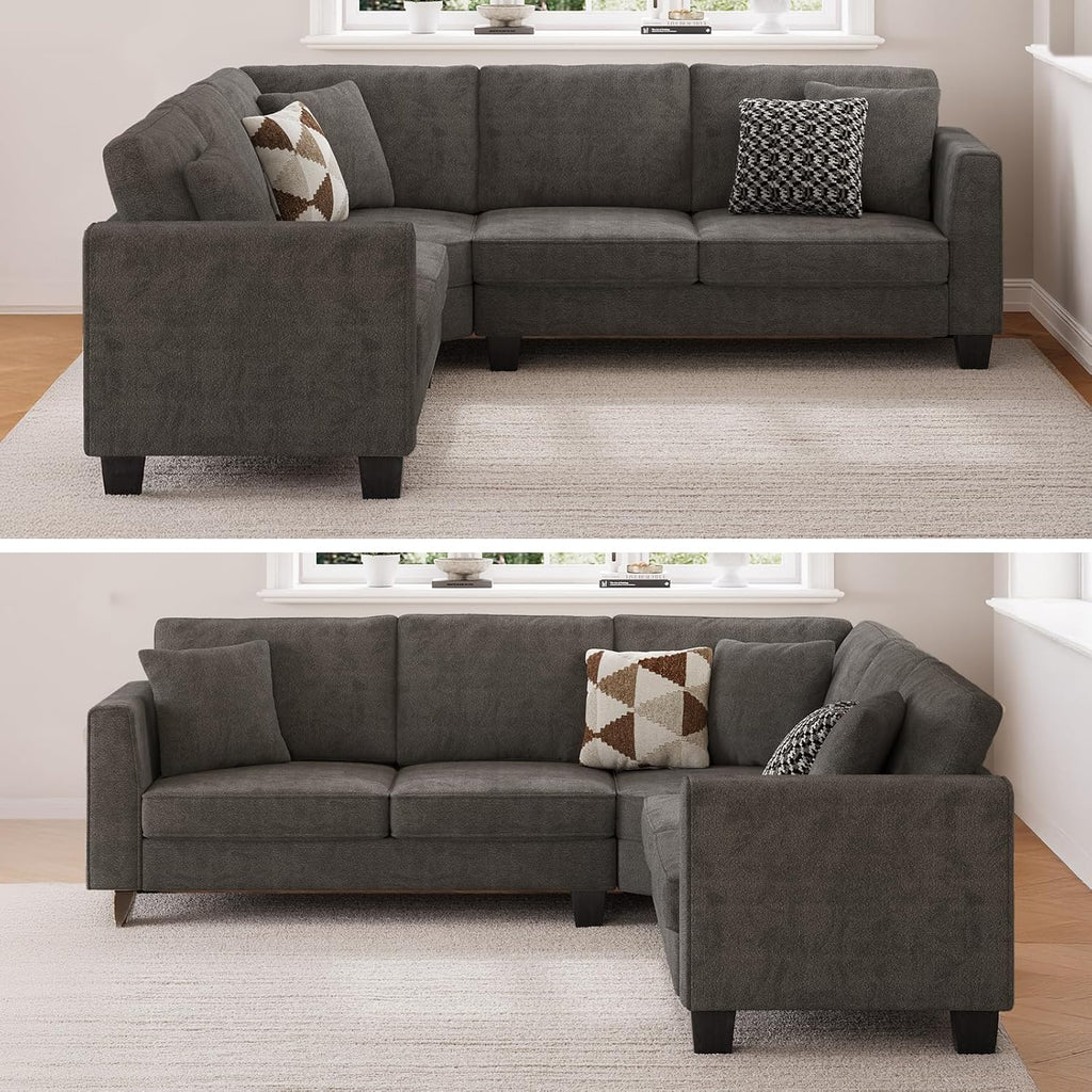 L Shaped Couch, Small Corner Sectional Sofa for Living Room, Comfy Chenille L Shape Sofa with 3 Throw Pillows