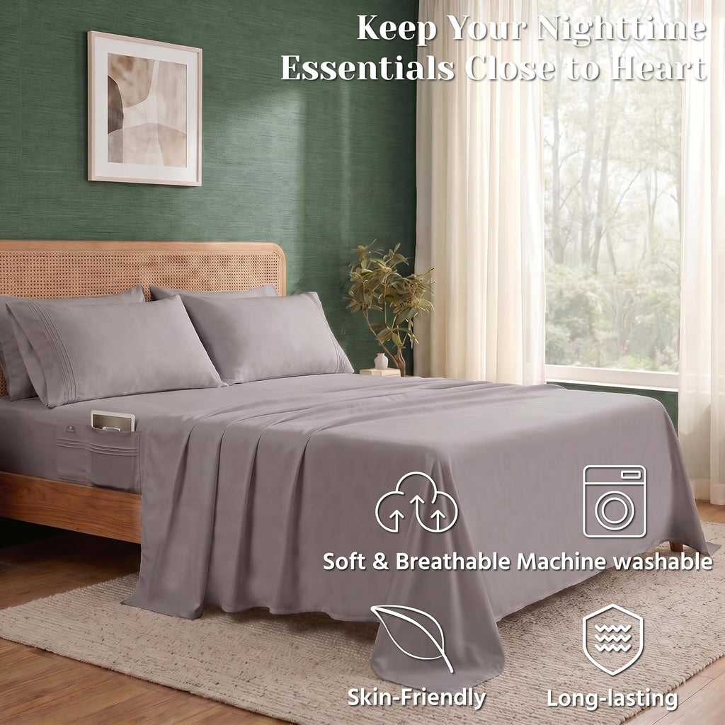 Deep Pocket Queen Sheet Set, Cooling Bedding with Side Pockets