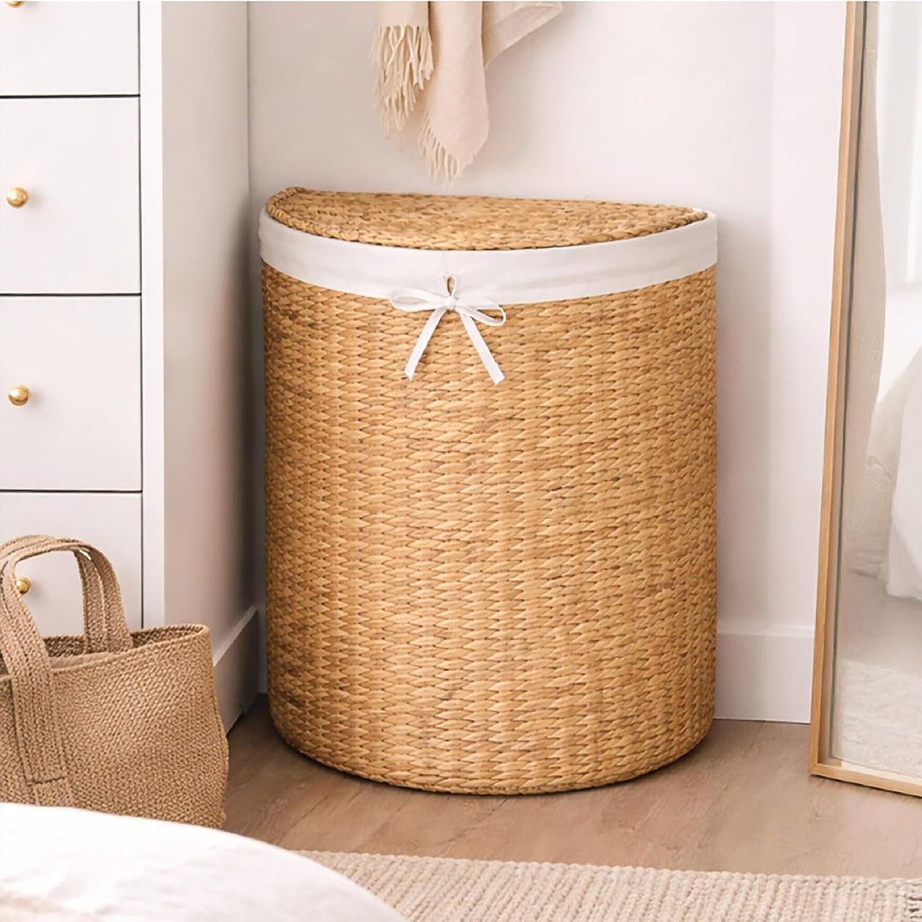 Half Moon Laundry Hamper w/Lid, Woven Half Round Laundry Basket, w/Removable Liner & Bult-in Handles & Laundry Room
