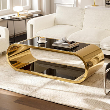 Gold Stainless with Glass Coffee Table, Modern Coffee Table, 2-Tier Glass Top with Large Space Fashion Design