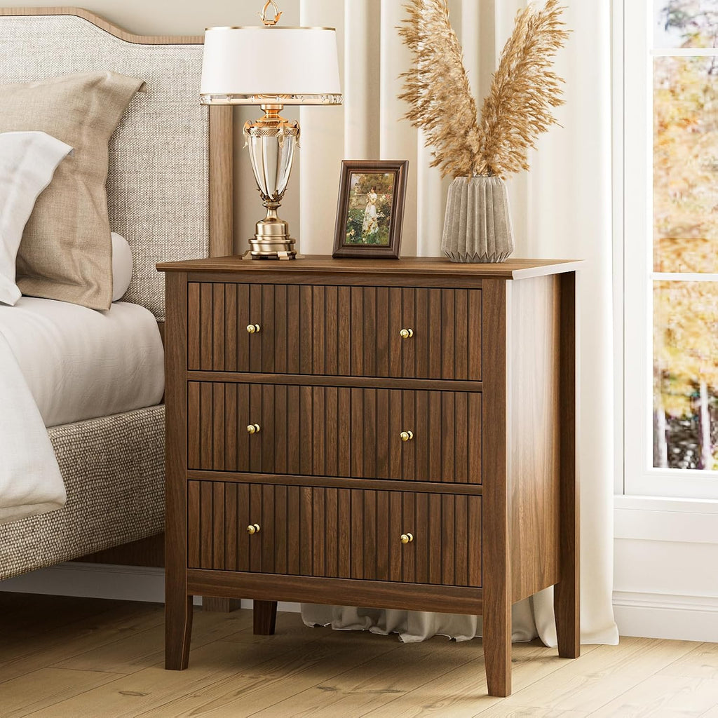 Night Stand, Fluted 3 Drawer Wide Farmhouse Nightstand with Gold Handle, Larger Wider Modern Bedside End Table