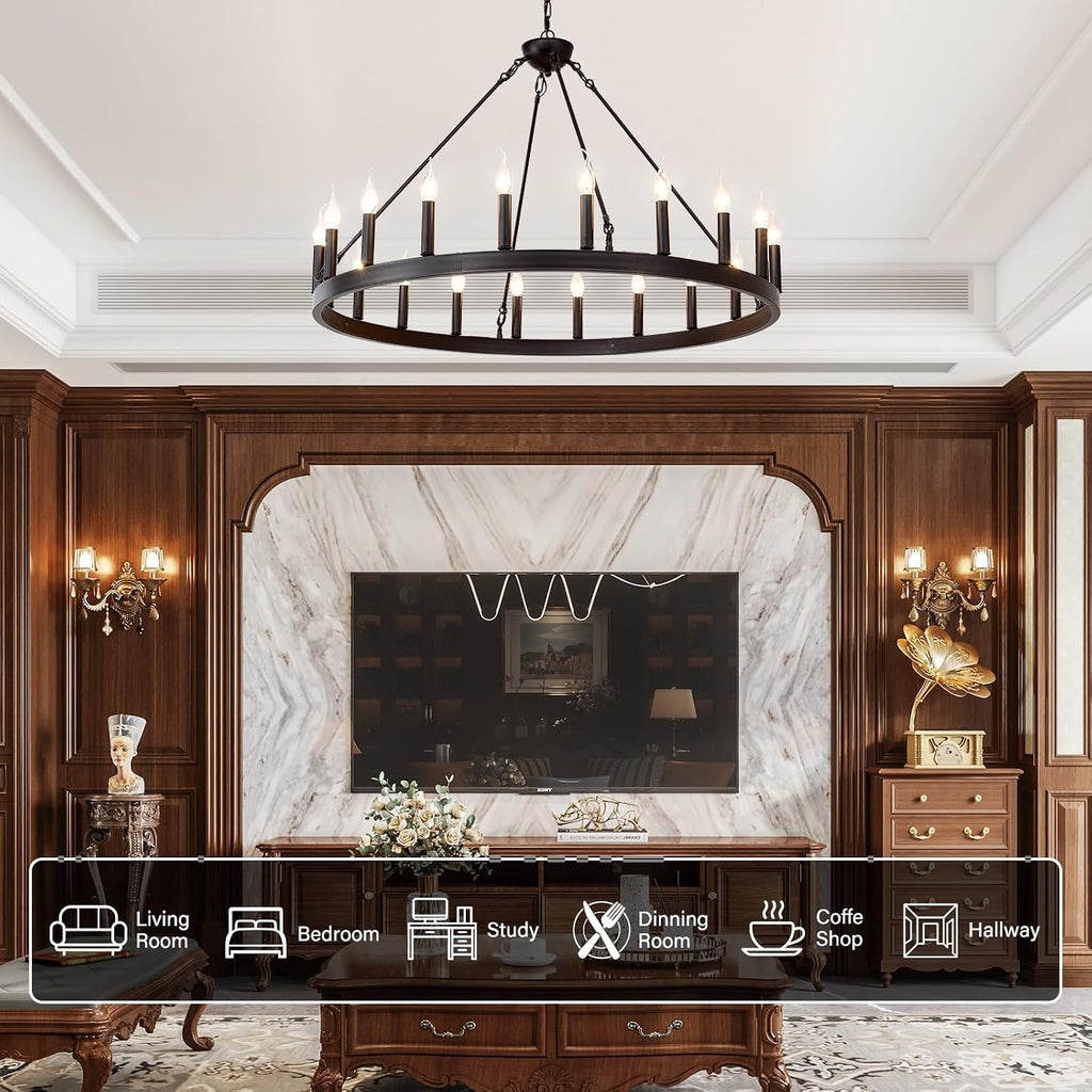 Black Wagon Wheel Chandelier 40 inch,20-Light Farmhouse Wagon Wheel Chandeliers Round Industrial Ceiling Light