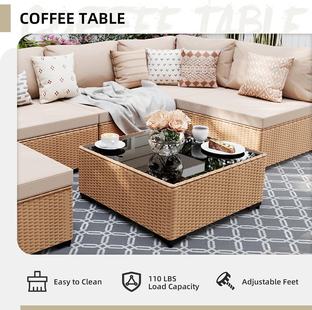 9-Piece Wicker Patio Furniture Set with Coffee Table, Beige | Outdoor sectional sofa set, patio conversation set for