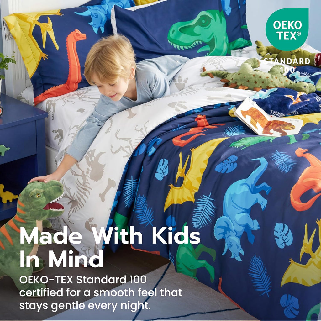 Kid Comforter Set 5 Piece Dinosaur Bedding Set for Boys Girls Super Soft Microfiber Bed in a Bag