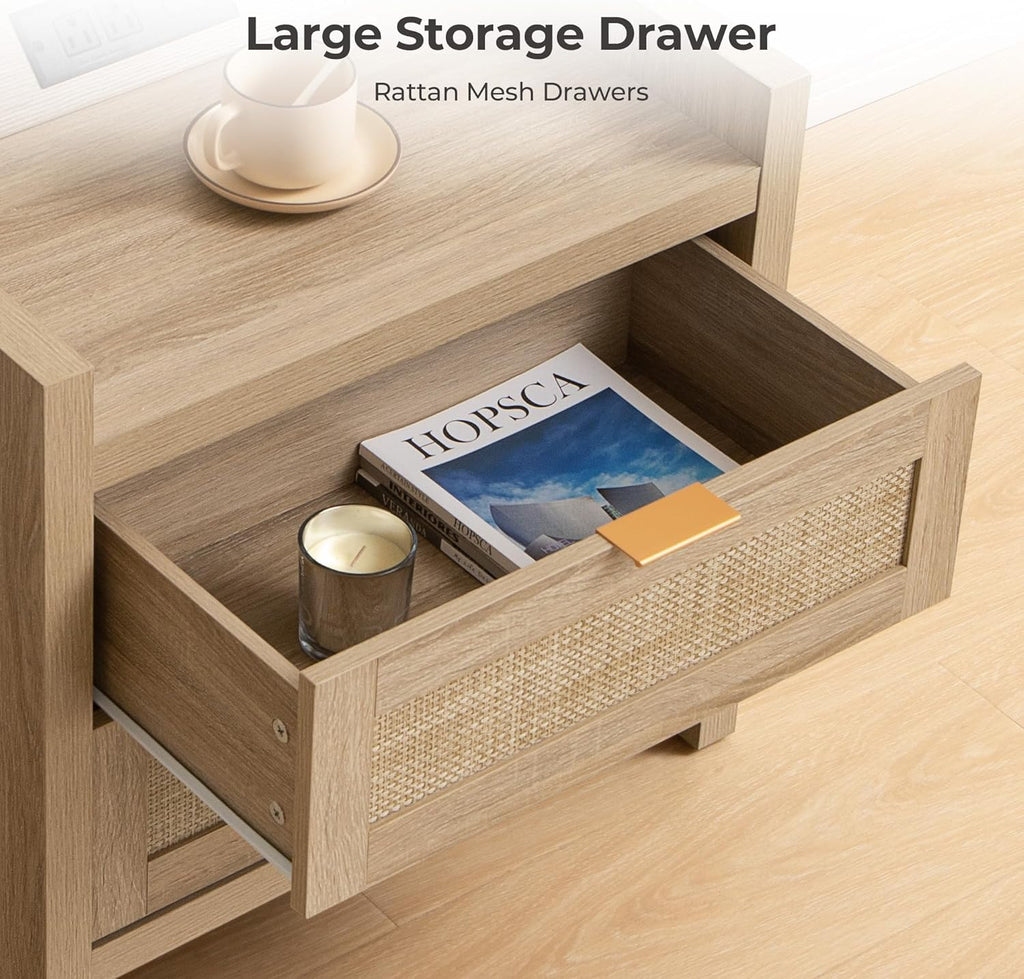 Rattan Nightstands Set of 2 Bedside Table - Bed Night Stand with Type-C Charging Station, 2 Drawers Storage - Boho