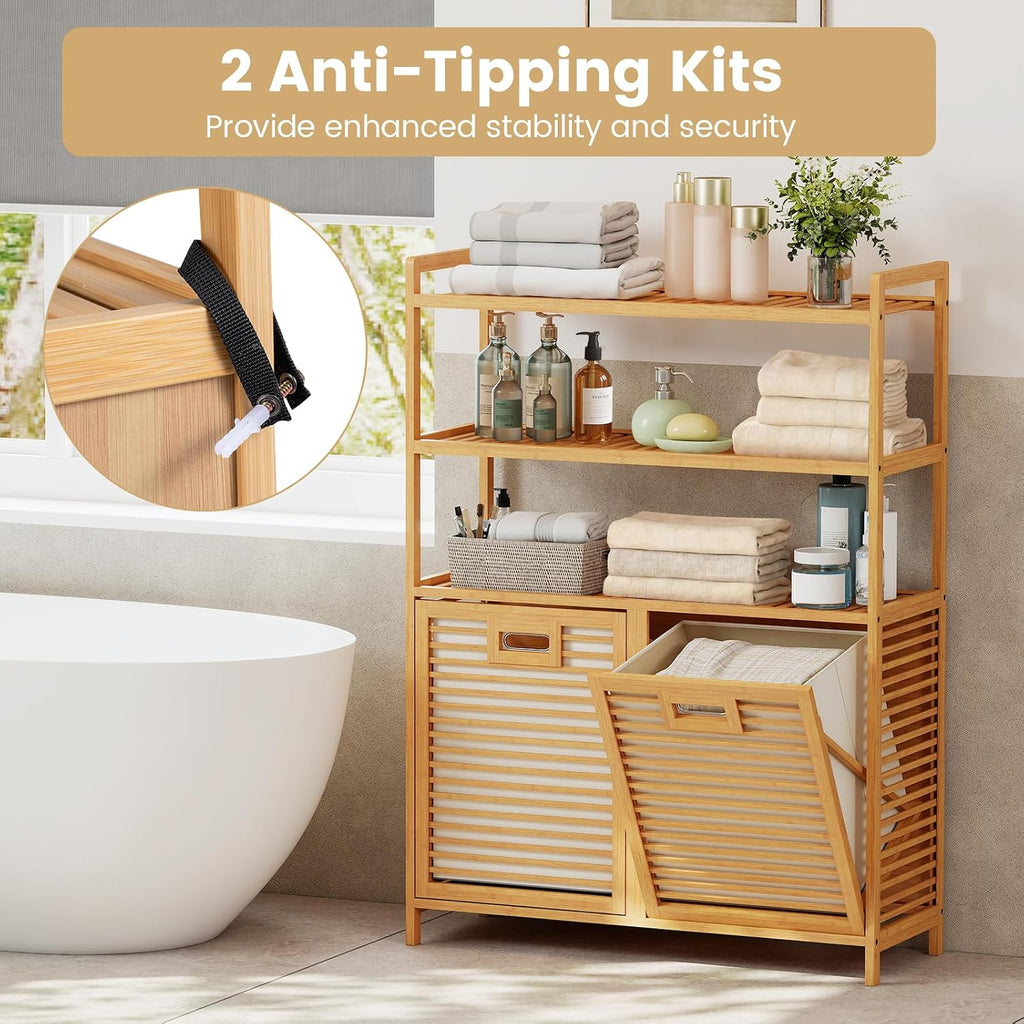Double Tilt Out Laundry Hamper with 3-Tier Storage Shelf | 14 Gal Bamboo Laundry Storage Cabinet w/Removable Laundry