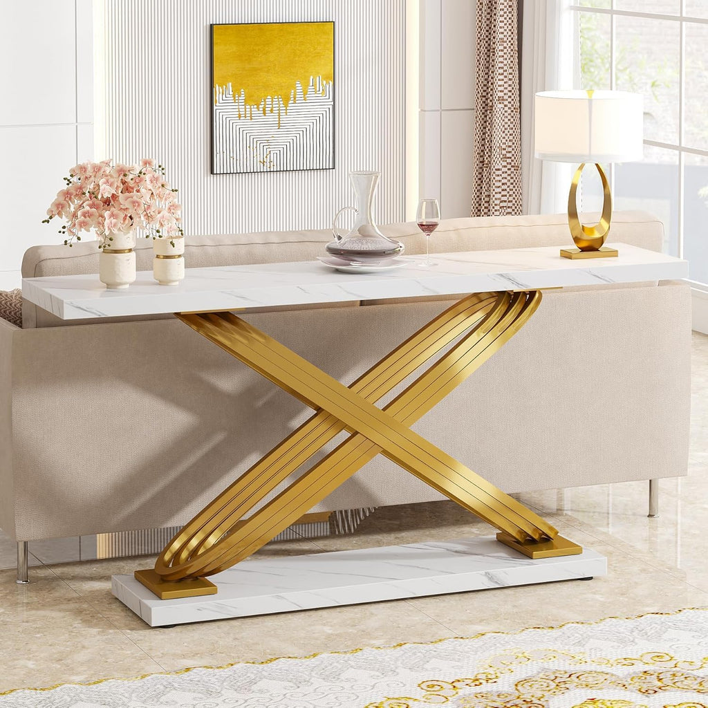 55 Inch Modern Console Table, Gold Entryway Table Behind Sofa Couch, Narrow Rectangular Sofa Table , Front Hall