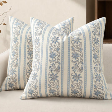 Vintage Striped Floral Euro Sham Pillow Covers 24x24 Set of 2, Country Botanical Decorative Cushion Covers Rustic