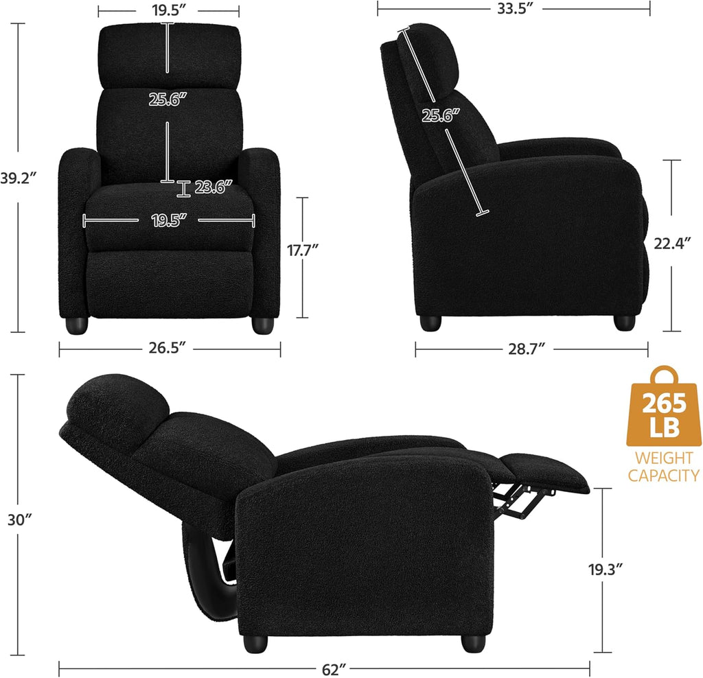 Boucle Recliner Chair Single Sofa Home Theater Seating, Adjustable Modern Push Back Armchair with Pocket Springs