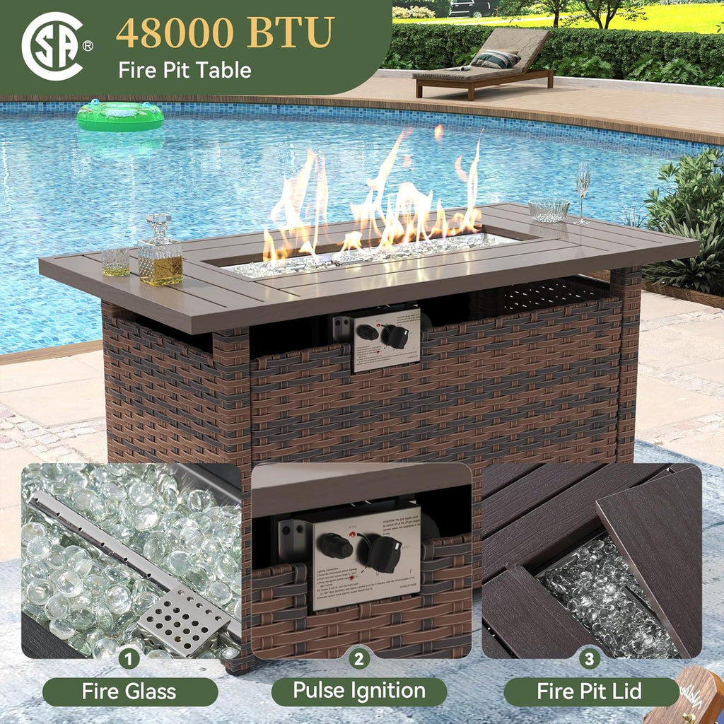 8 Piece Patio Furniture Set with 44” Fire Pit Table Wicker Rattan Outdoor Sectional Sofa Set with Coffee Table