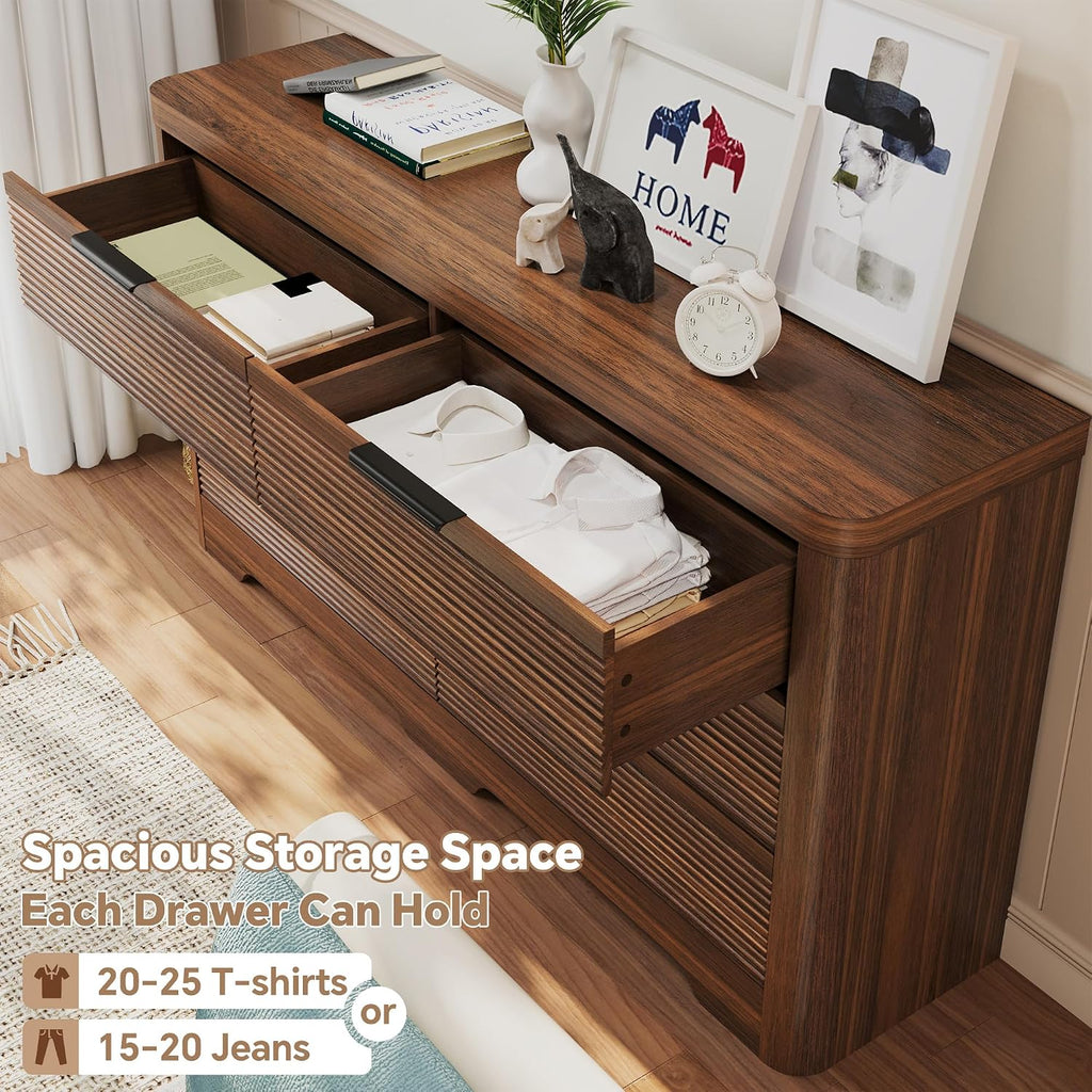 Fluted 6 Drawer Dresser,Farmhouse Wood Dresser | TV Stand,Thickened Curved Profile Design,Bedroom,Entryway,Wood