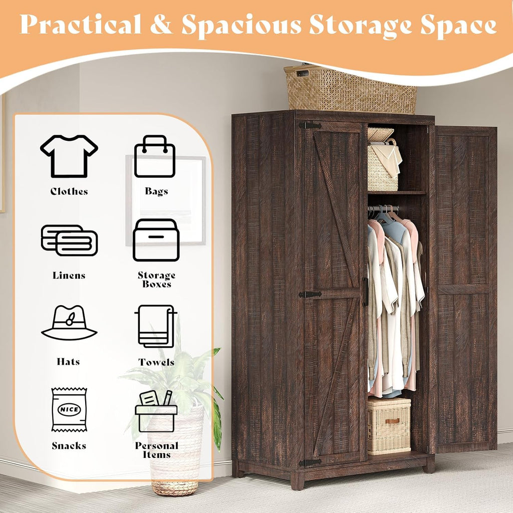 70" Large Farmhouse Wardrobe Closet with Hanging Rod & Barn Doors | Wooden Bedroom Armoires with Shelf, Organized