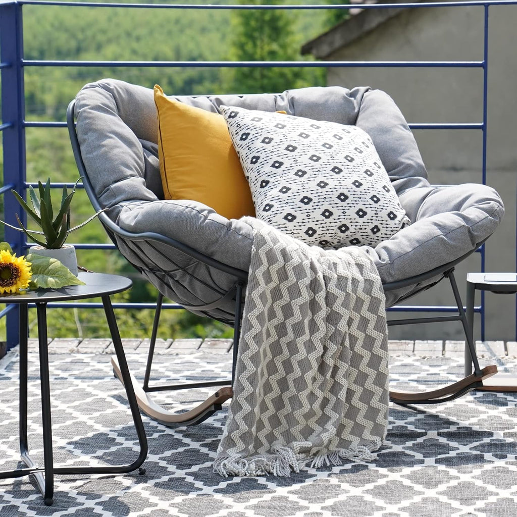 Outdoor Papasan Rocking Chair with Thick Cushion, Grey | Oversized Modern Cozy Lounge Rocker Chair Steel Frame with