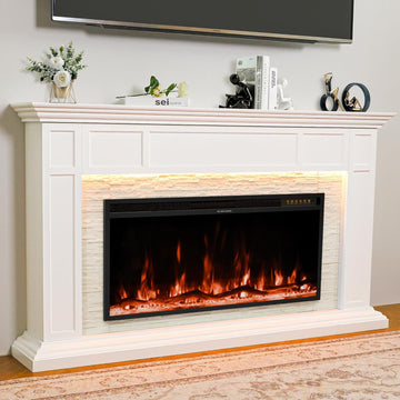 69" Electric Fireplace with Mantel, Freestanding Fireplace Console with 42" Insert for Livingroom/Bedroom, Realistic