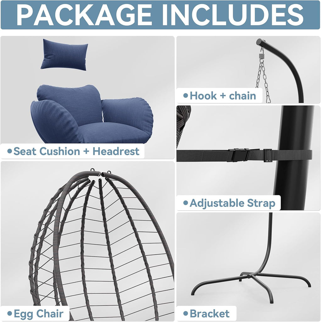 Foldable Egg Chair with Stand, 485LBS Capacity Wicker Rattan Hammock Swing Chair for Outdoor & Indoor, Patio Hanging