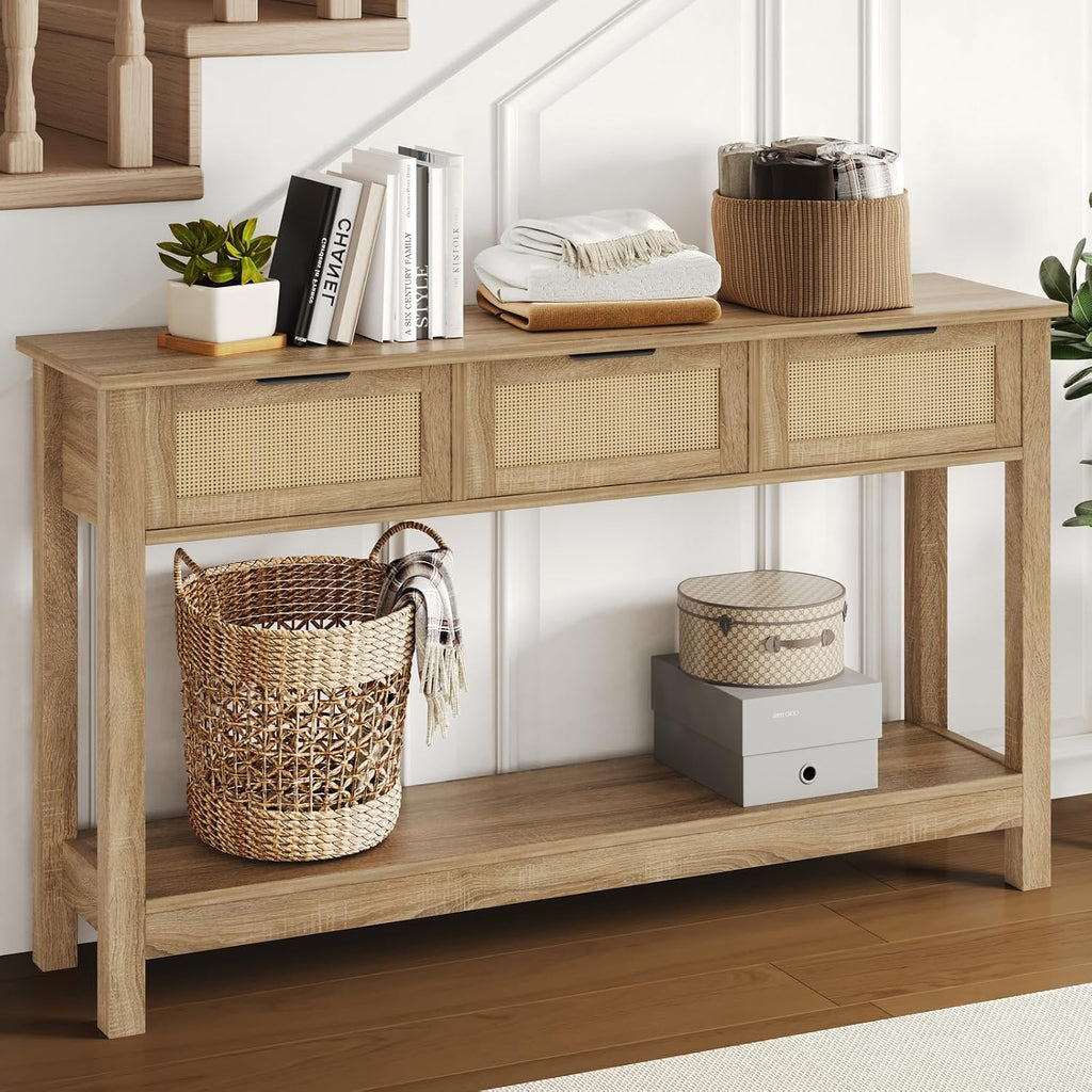 Rattan Console Table 3-Drawer 47" Narrow Wood Entryway Sofa Table | Trendy Boho Hallway Foyer Storage, Open Shelf