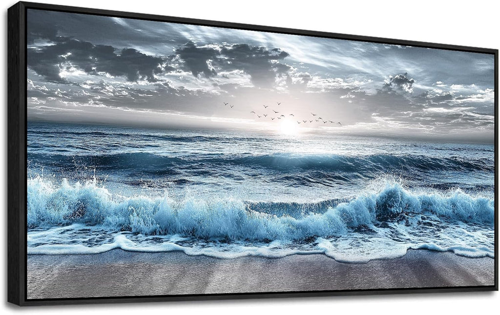 Large Wall Decor Wall Art Office Decor Blue Beach Sea Wave Paintings Sunrise Ocean Seascape Wall Pictures Canvas