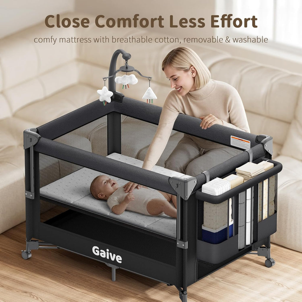 4 in 1 Baby Bassinet, One-Push Setup Pack and Play, Bedside Crib Sleeper with 3 Height Adjustable,Diaper Changer