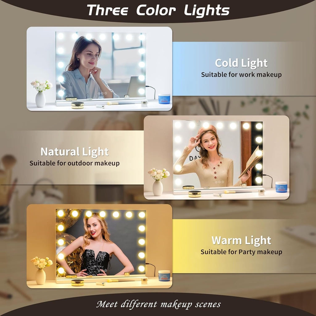 Vanity Mirror with Lights Lighted Makeup Mirror with 15 Dimmable LED Bulbs,3 Color Lighting Modes,USB Charging Port