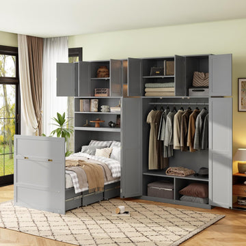Twin Murphy Bed with Storage & LED Lights, Foldable Wall Bed Cabinet with Shelves, Cabinet & Wardrobe, Space-Saving
