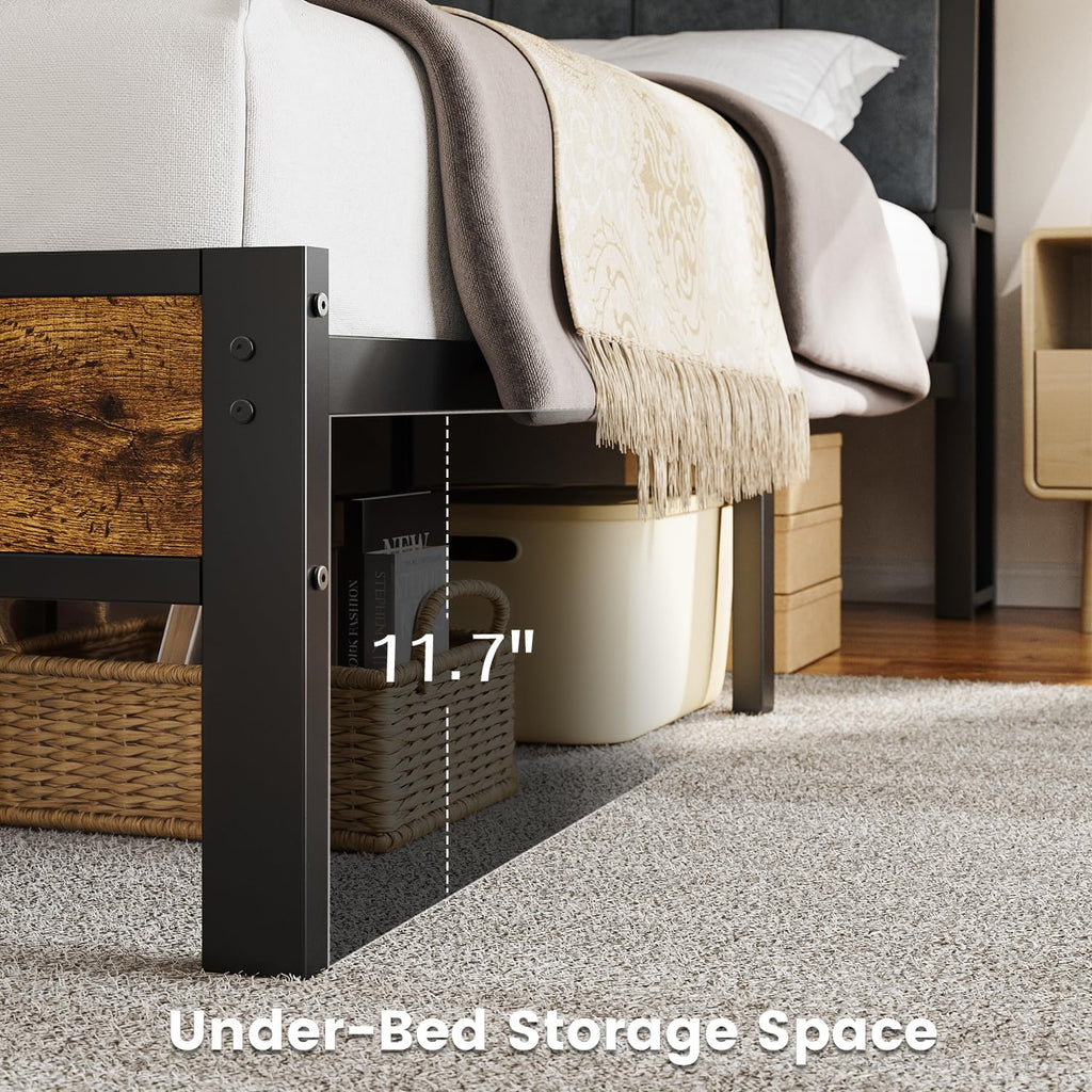 Queen Bed Frame with Wood Headboard, Metal Platform Bed with USB Charging Station and Smart LED Lights, No Box Spring