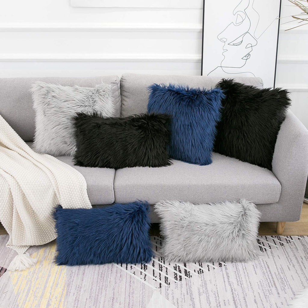 Black Faux Fur Throw Pillow Covers 18x18 Inch Set of 2, Luxury Fluffy Shaggy Plush Cushion Cases, Soft Fuzzy Pillow