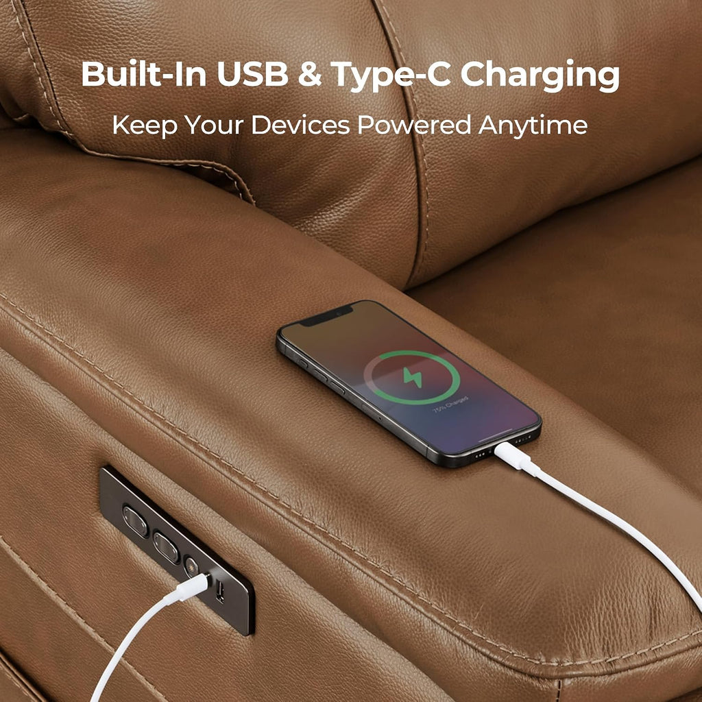 Power Recliner Chair with LED Light, 165° Lay Flat Recliner with USB & Type-C Charging Ports, Genuine Leather