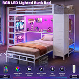 Bunk Bed Twin Over Twin with Hall Tree, Charging Station and LED Lights, L-Shaped Bunk Bed with Desk