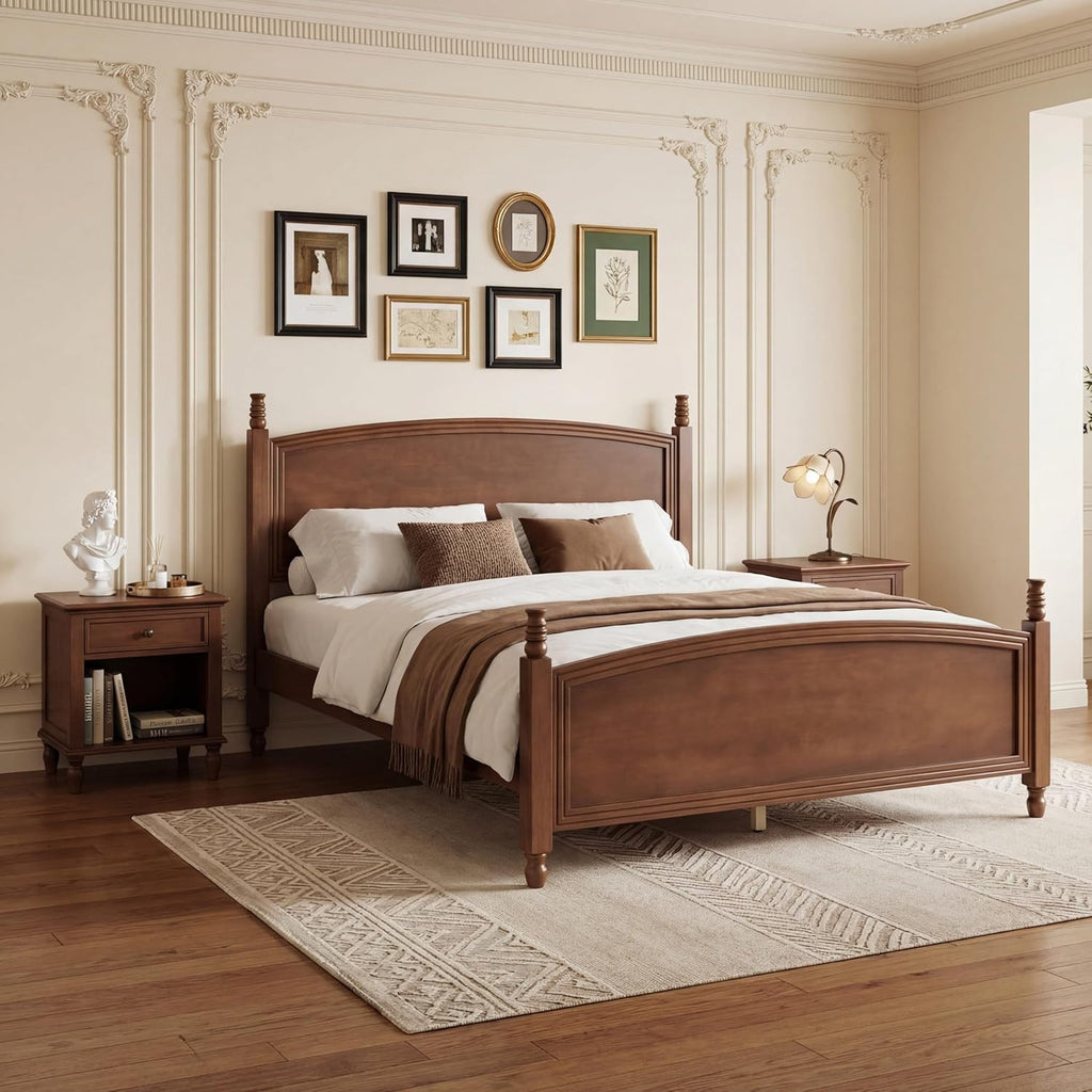 Queen Bed Frame, Solid Wood Platform Bed Frame Queen with Curved Headboard & Footboard, Mid Century Modern Wood