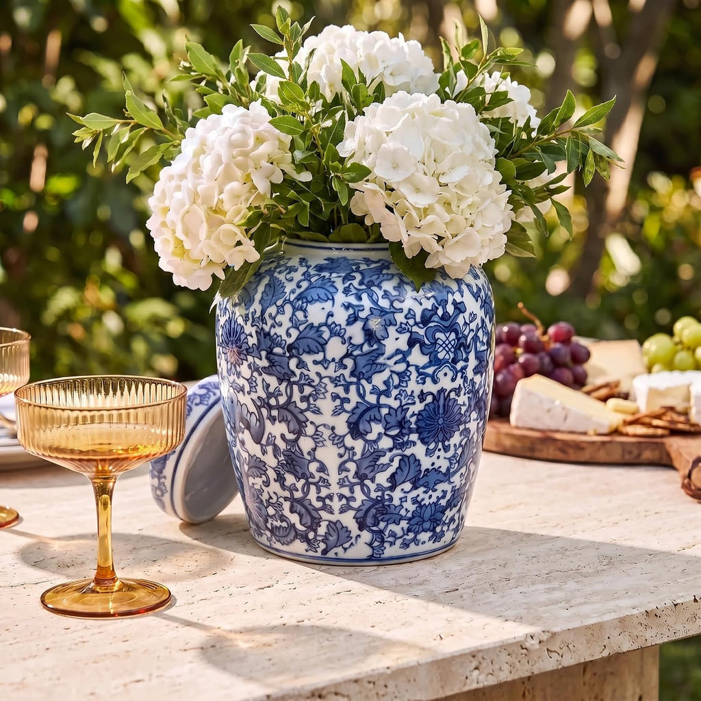 Medium Decorative Ceramic Ginger Jar with Lid, Blue and White Floral Pattern