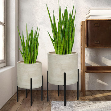 Modern Plant Pots, Large Planters with Stand, Set of 2 Decorative Planters, Metal Pots with Drainage Holes, Garden