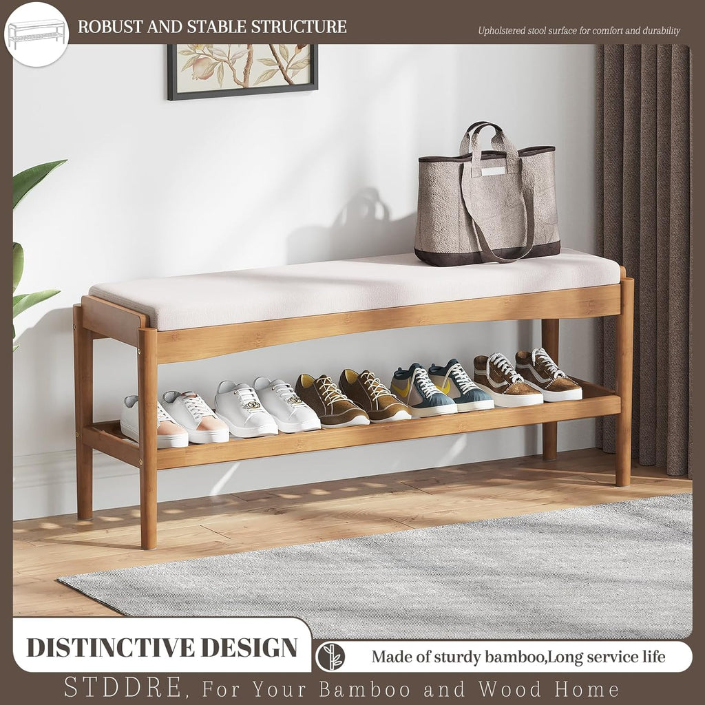 Shoe Bench Entryway Bamboo 2-Tier Shoe Rack with Cushion Padded Seat Shoe Bench Organizer Stable for Entry, Hallway