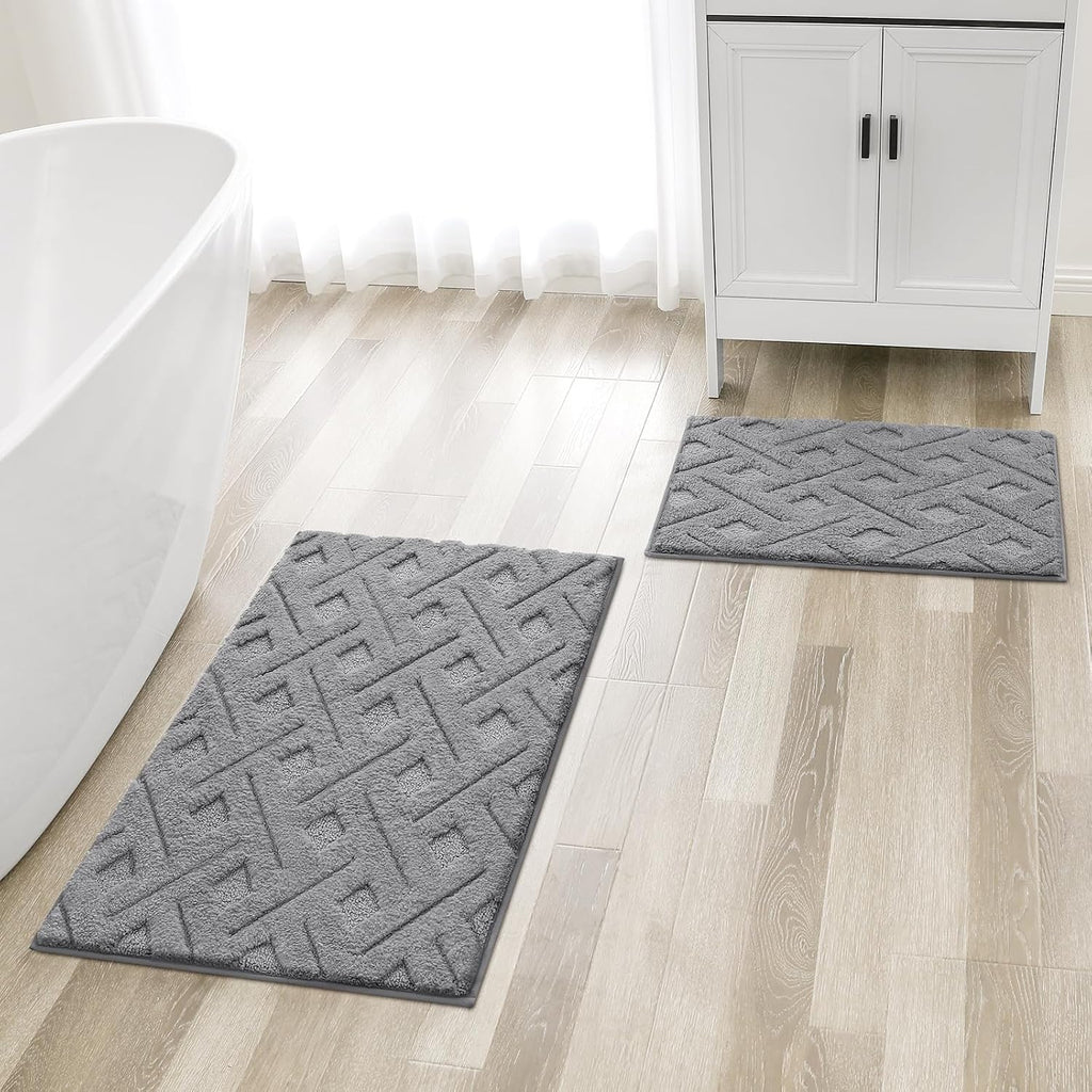 Grey Bathroom Rug Set 2 Piece, 20"x32"+16"x24" | Soft Microfiber Tufted Bath Mats, Super Absorbent, Non Slip, Machine