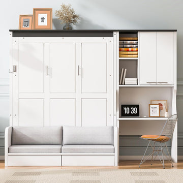 Queen Wood Murphy Bed with Upholstered Sofa & Desk, Multifunctional Foldable Wall Platform Bed for Guest-Room