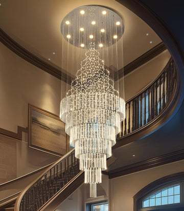 W32 x H120 Glam Chandelier with LED Bulbs Crystal Raindrop High Ceiling Pendant Light for Entrance Large Villa Chandelier Foyer Lighting Fixtures Silver