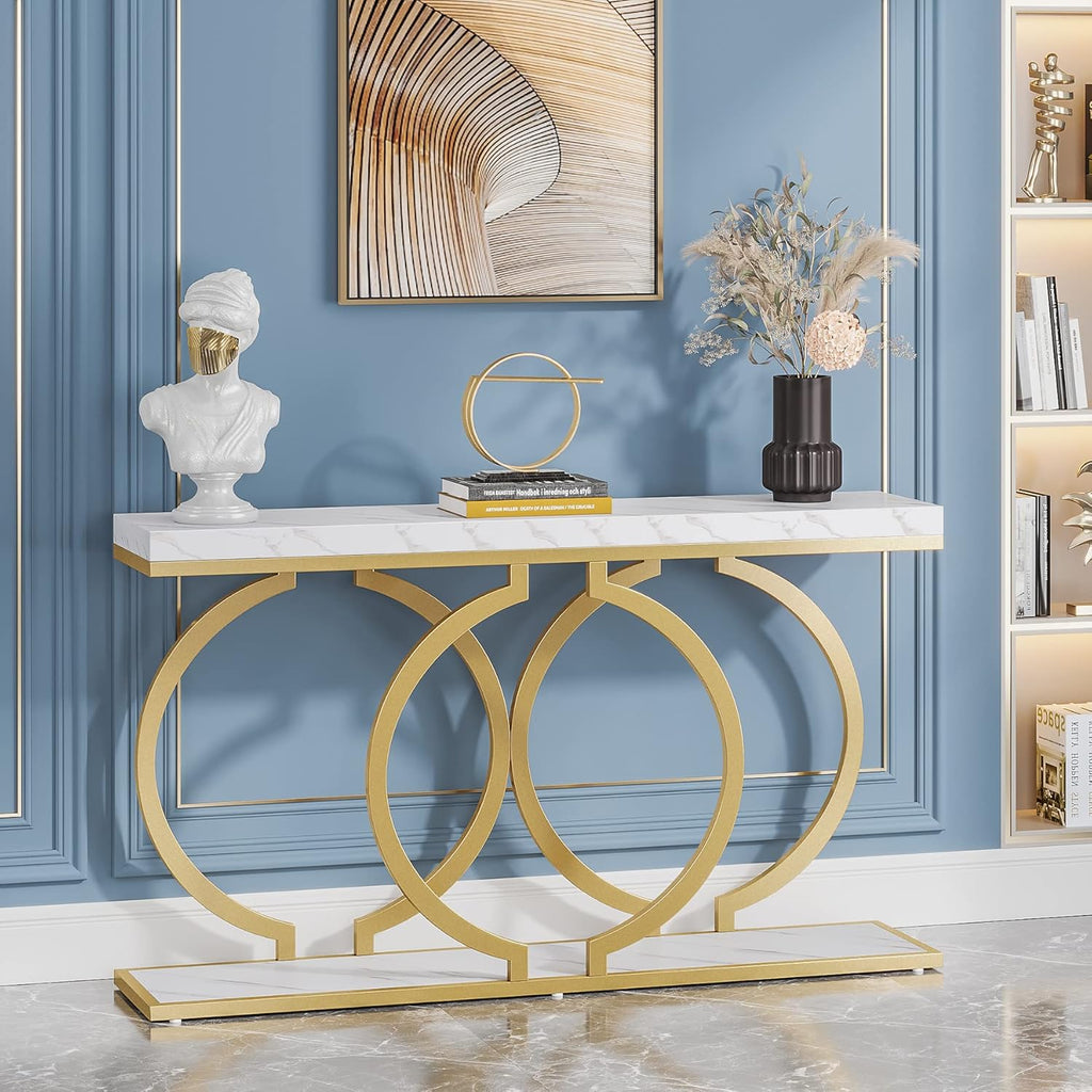 Gold Console Table, 55 inch Modern Entryway Table with Geometric Metal Frame, Faux Marble Narrow Long Sofa Table