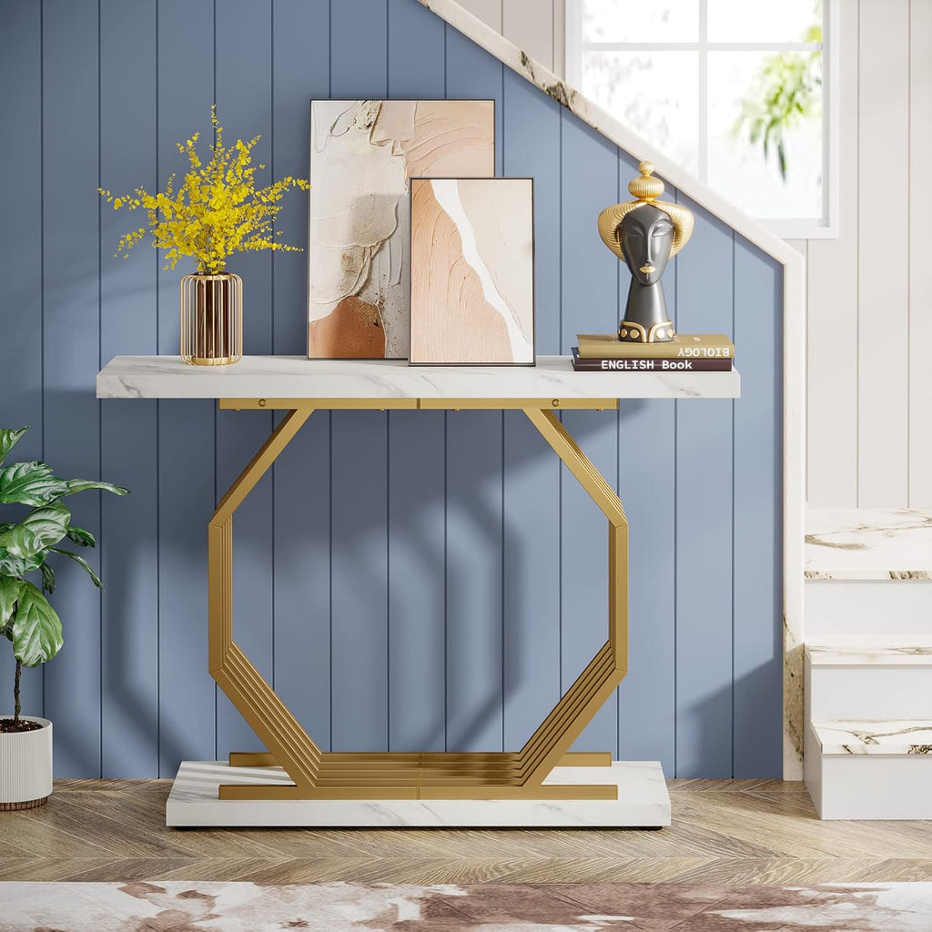Gold Console Table, Faux Marble Entryway Table Narrow Sofa with Geometric Metal Base, 40 Inch Modern Accent Entrance