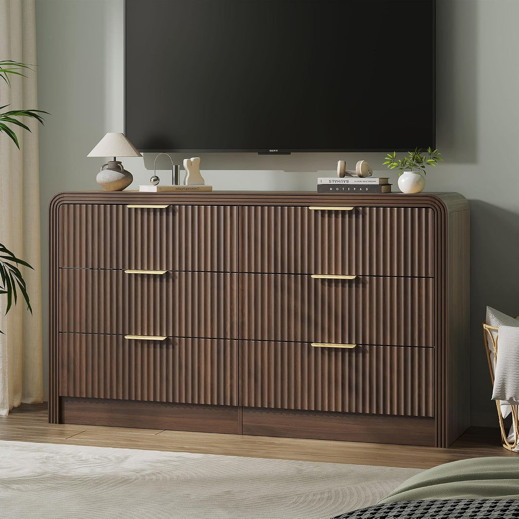 Fluted Drawers Dresser , Wood Dressers with Gold Handles, Modern Dressers with Wave Texture, Large Storage Chest of