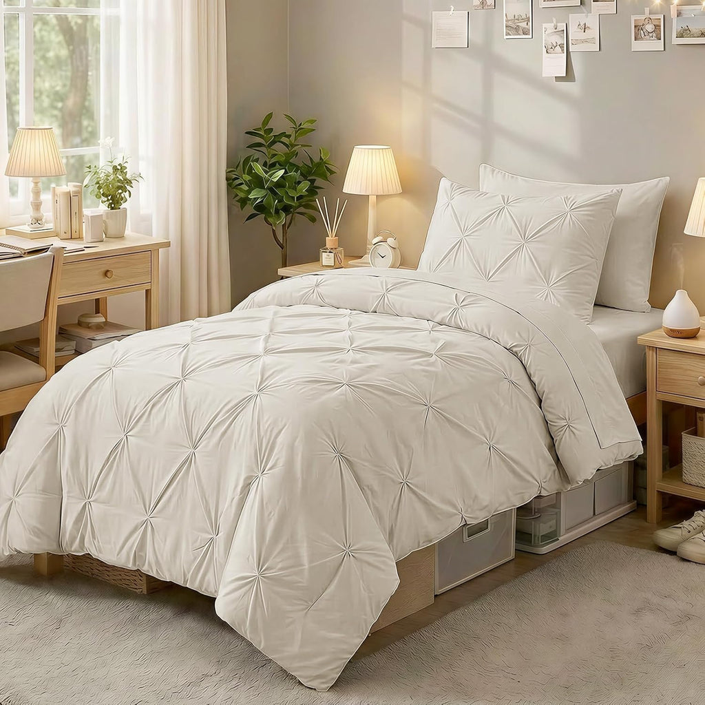 Twin Comforter Set, 5-Piece Bed in a Bag, Pintuck Bedding Sets for All Season, Includes Comforter, Flat Sheet, Fitted