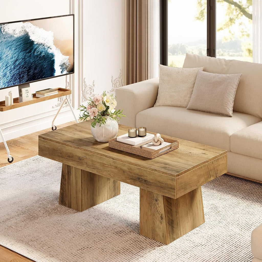 Farmhouse Coffee Table, 47 Inches Wooden Rectangular Accent Center Tables with Thick Base