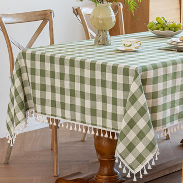 Green Gingham Tablecloth Rectangle, Summer Checkered Table Cloth Cotton Linen Fabric with Tassels, Plaid Farmhouse