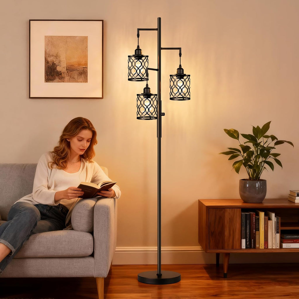 Dimmable Farmhouse Floor Lamp, Industrial Floor Lamp with 3 X 6W LED Bulbs, 3 Light Rustic Standing Tall Lamp, 68"