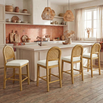 Upholstered Rattan Bar Stools, 26'' Counter Height, Set of 4, Walnut