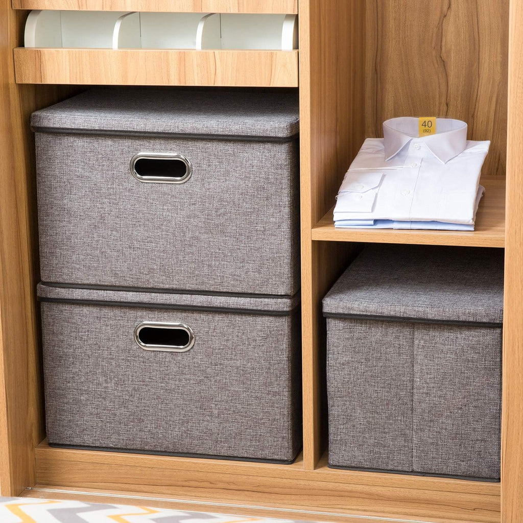 Large Collapsible Storage Bins with Lids [3-Pack] Linen/Cotton Blend Foldable Storage Boxes Organizer Containers
