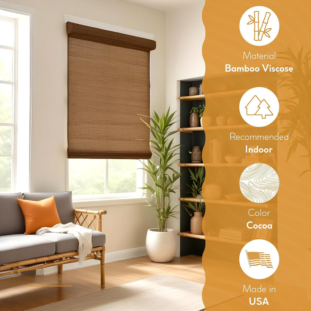 Cordless Bamboo Roman Shades for Windows - Flatstick Bamboo Blinds for Semi-Private Light Control - Easy to Lift & Fold Up Window Shades - Cocoa - - (2216300E)