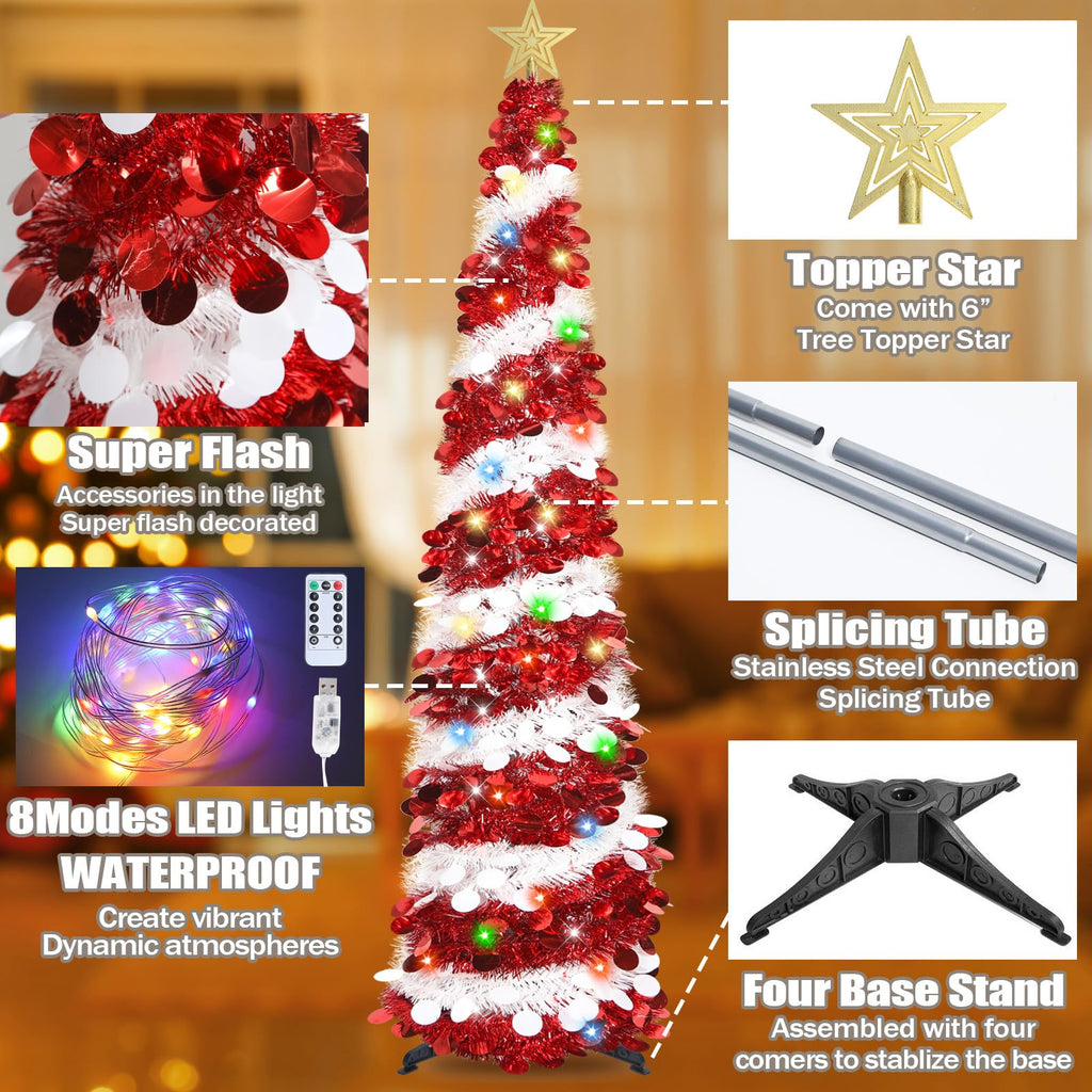 6 FT Pop Up Tinsel Christmas Tree with 100 Colored Timer Lights & Remote, Red White Collapsible Artificial Pencil