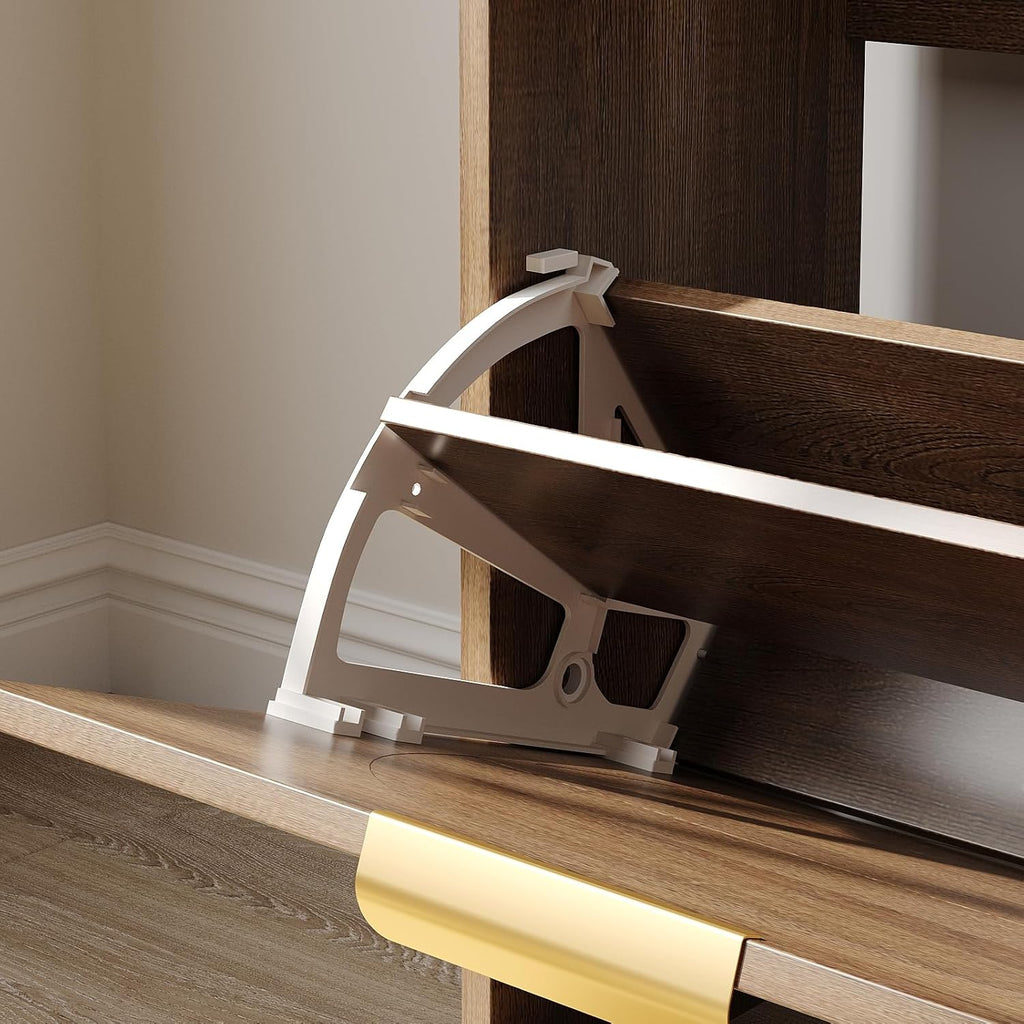 Rattan Entryway Bench with Seat Cushion & Coat Rack, Shoe Storage Cabinet with 2 Flip Drawers, Narrow Shoe Rack, 5