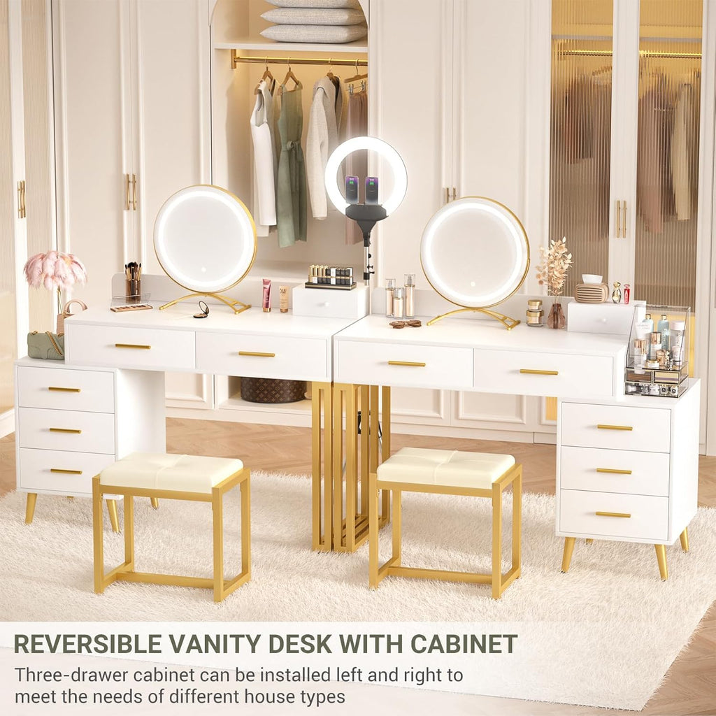 White Vanity Desk with Mirror and Lights, Modern Makeup Vanity Table Set with 6 Storage Drawers and Cushioned Stool