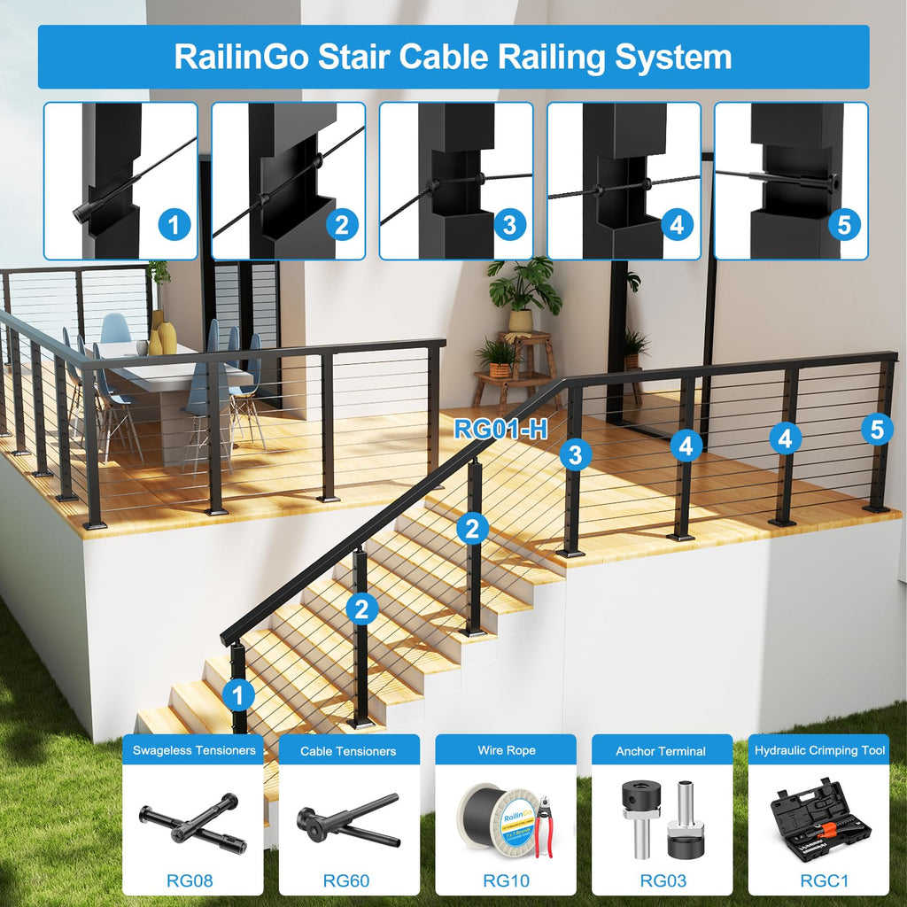 36" Stair Cable Railing Post for 25-35° Stairs, Surface Mount Adjustable Top Stair Post, Cable Railing Kits for Deck